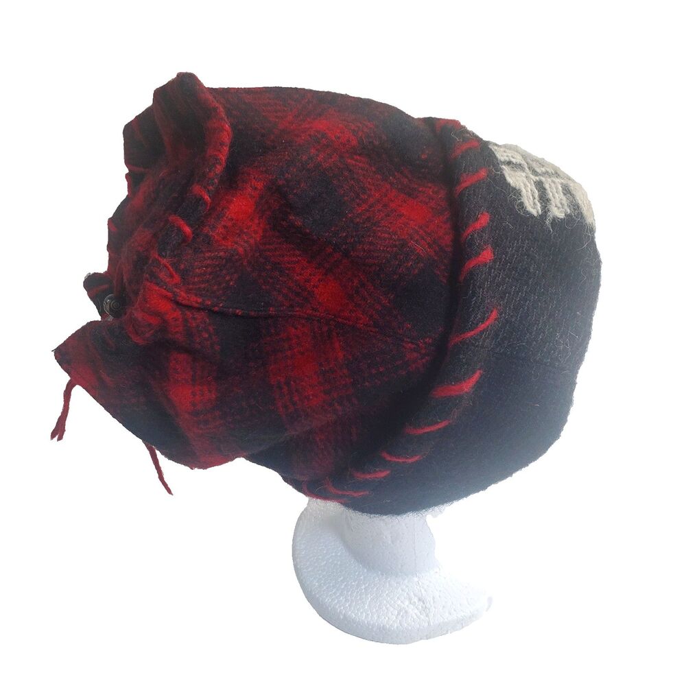 dZi Tibetan Wool Hat Red Plaid Embroidered Tribal Beanie Handmade Artisan India